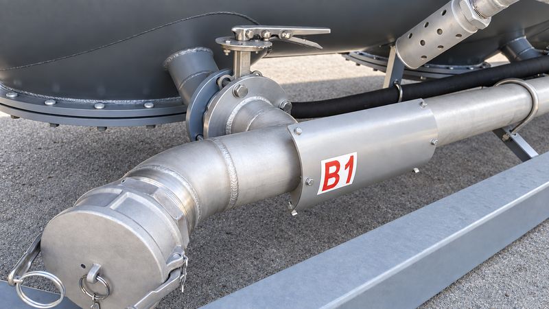 B1 discharge line with butterfly valve and camlock cap beneath the bolted flange of a discharge cone