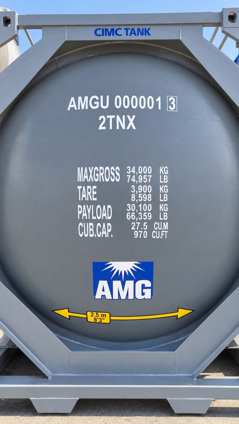 Tank end with the AMG logo, 2.5 m width marking and data plate showing max gross, tare, payload and capacity