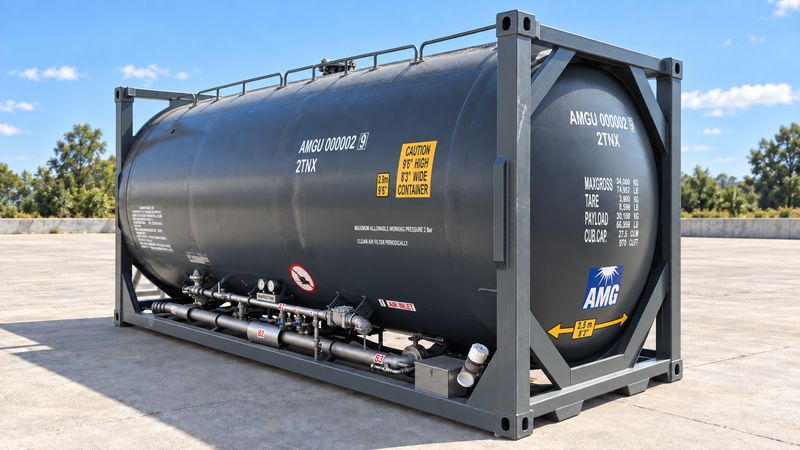 The grey AMG Pressure Tanker ISO, showing its 20ft ISO frame, corner castings and octagonal end frame