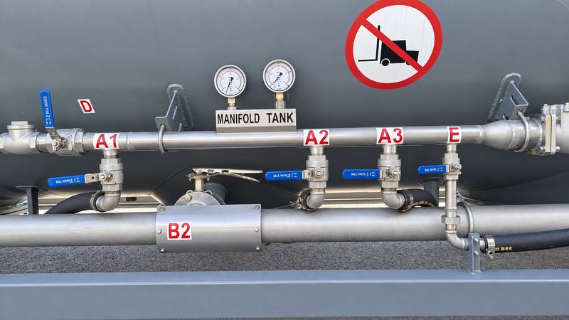 Tank manifold with dual pressure gauges and blue ball valves marked A1, A2, A3 and E