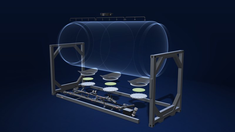 3D model of the Pressure Tanker ISO taken apart: the pressure vessel lifted off its frame and shown see-through, with its three discharge cones, internal air mats and bottom access flanges separated below