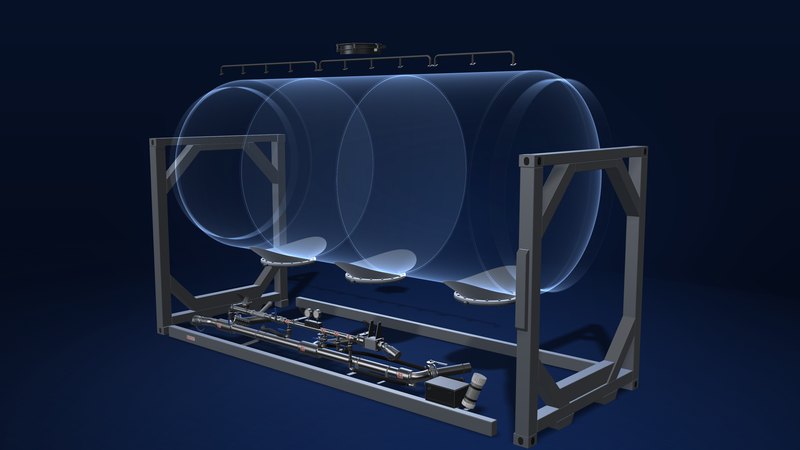 Render of the pressure vessel shown see-through, with the two compartment divisions and the three central discharge cones