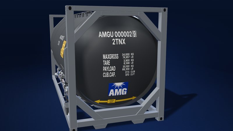 Render of the tank end, marked AMGU 000002 9 and 2TNX, with the max gross, tare, payload and capacity markings, the AMG logo and the 2.5 m width marking