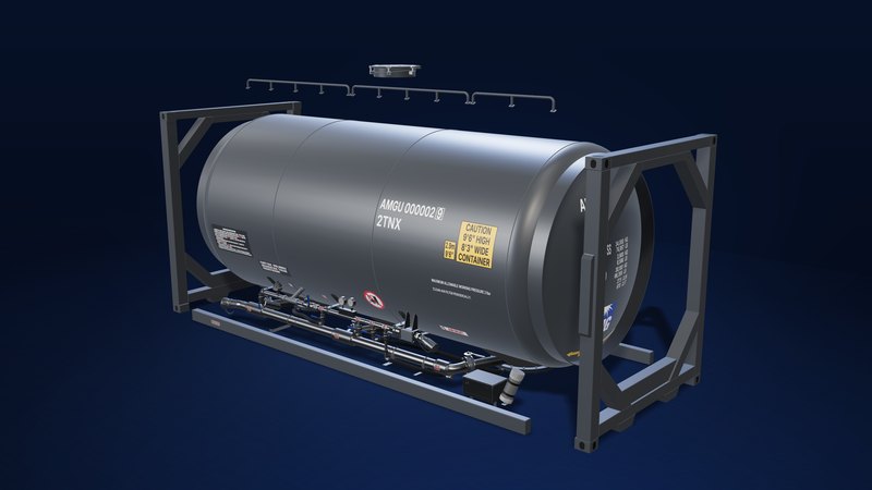 Render of the Pressure Tanker ISO with its end frames moved apart, showing the pressure vessel, its dished ends and top fitting